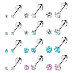 1-12 Pairs of 18G Stainless Steel Women Men Cartilage Spiral 2mm Earrings Set With Round Square Crystal Zircon Screws Flat Back