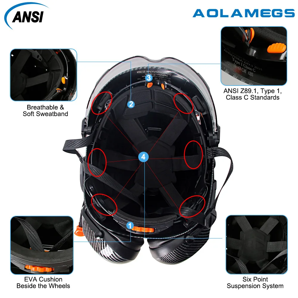 CE Carbon Fiber Safety Helmet W/ Earmuffs Double Goggles ABS Construction Hard Hat For Engineer High Quality Work Cap ANSI