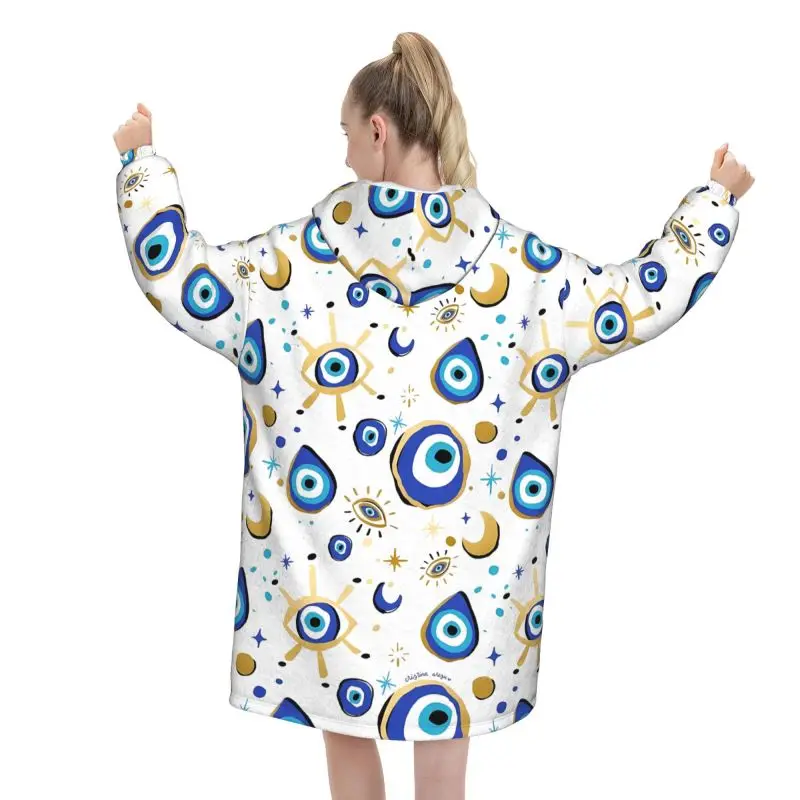 Evil Eyes Print Blanket Hoodie Oversized Sweatshirts Wearable Blanket Warm Cozy Flannel Fleece Sherpa Blankets with Pockets