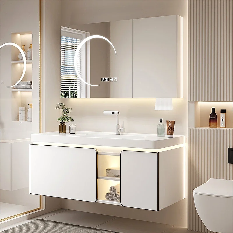 Nordic Luxury Storage Bathroom Mirror Multifunction Fog Removal with Lamp Fashion Bathroom Cabinet Combo Furniture Bagno FYBC