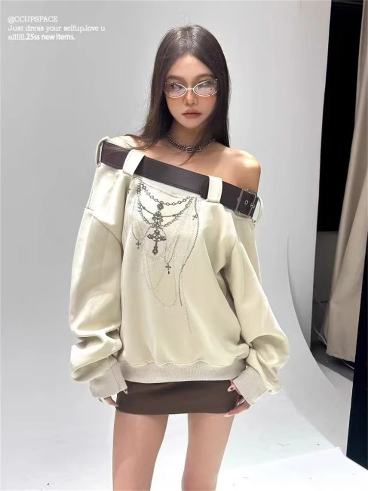 LOTDOOTN Amerikaanse Sle Pittig Meisje Diagonale Oulder Hoodie vrouwen Herfst Winter Punk Riem Lange Sve Losse Casual Subcultuur Kleding