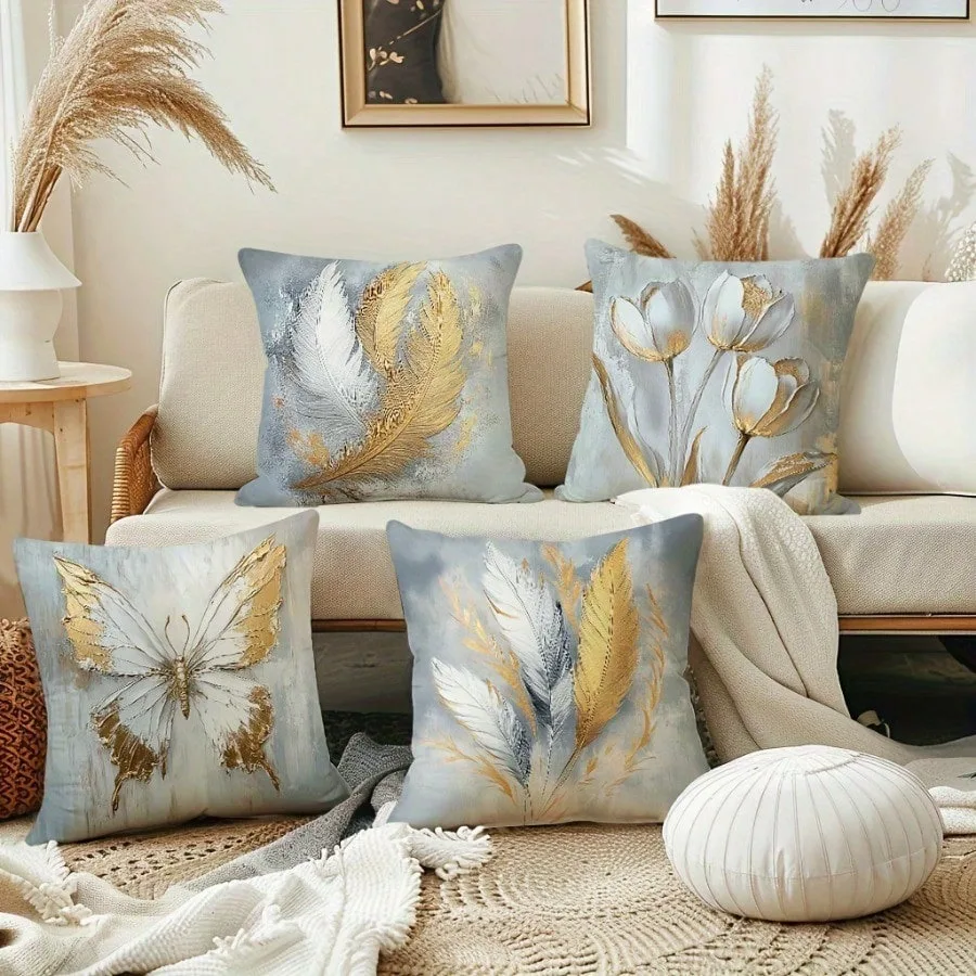 

Наволочка с пыльно-синим и золотым пером/бабочкой: роскошный чехол для подушки с минималистичной тематикой для современного шикарного домашнего декора дивана