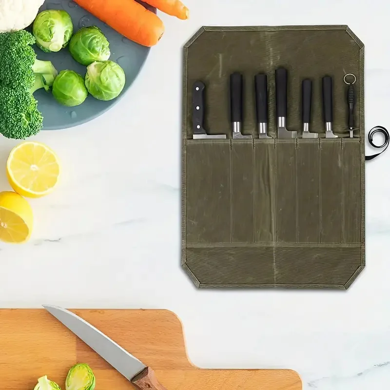 Portable Knife Bag Kitchen Knife Roll Bag Carry Case Canvas Cutlery Knives Holders Protectors Knife Carrying Storage Pockets Bag