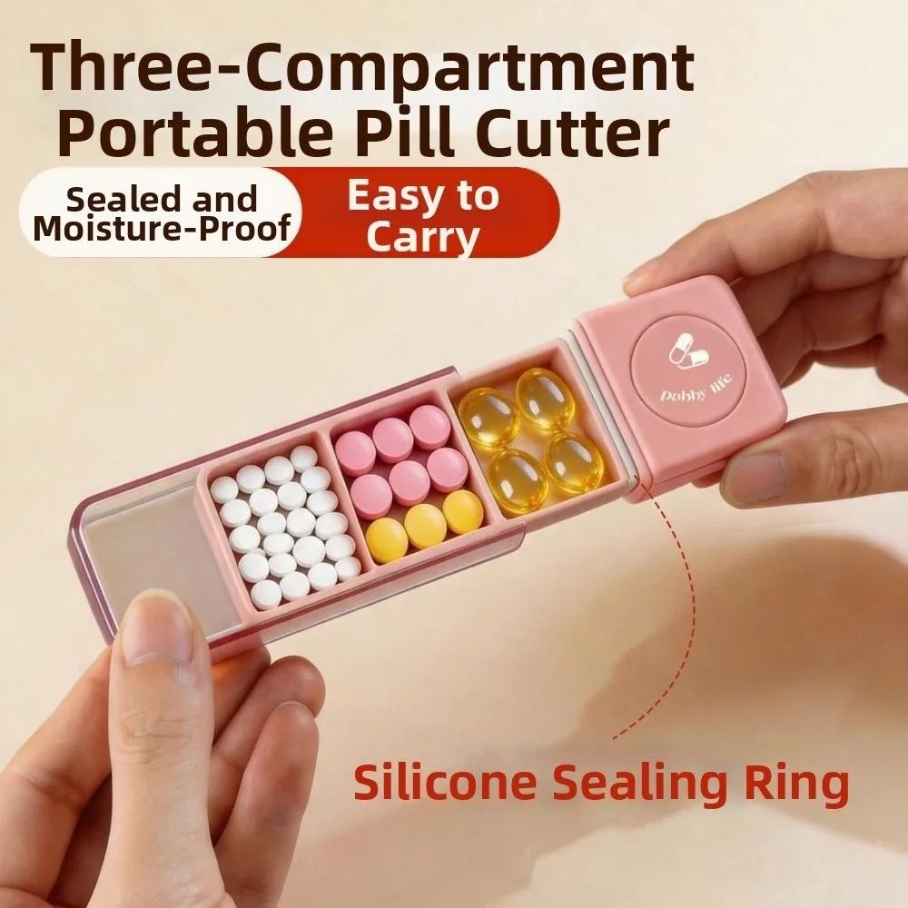 New 3 Compartment Pill Organizer with Pill Cutter Portable Medicine Container Case 2-IN-1 Pill Box Splitters