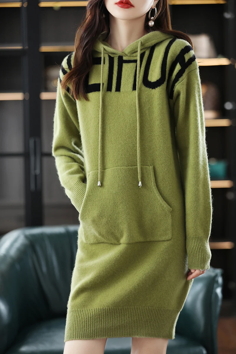

100% Merino Wool Fashion Dress Hooded Dress Women Long Sleeves Clothing Soft Simple Comfortable Solid Color Leisure Dress