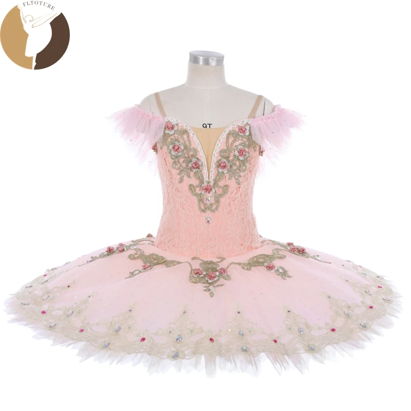 

FLTOTURE New 12 Layers Professional Classical Lace Pink Skirt Ballet Competition Flower Fairy Doll Pancake Tutu Girl YW-010