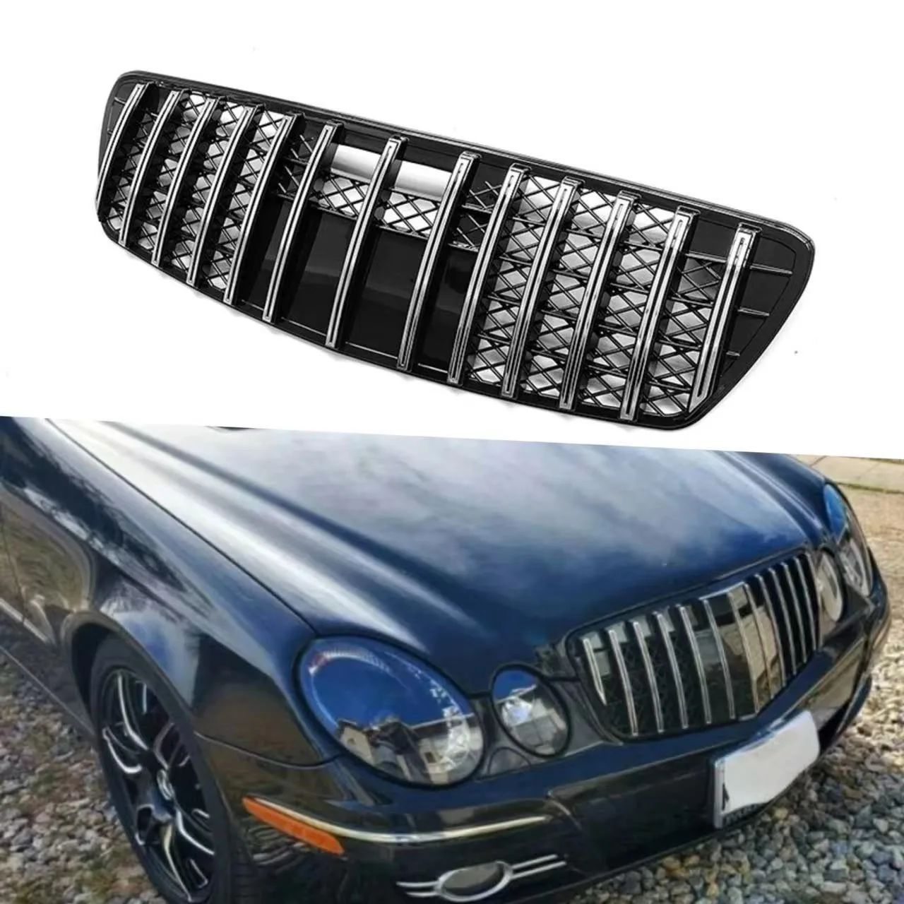 

For Mercedes-Benz E-Class W211 2003-2005 GT Style Vertical Bar Front Racing Grille ABS Plastic
