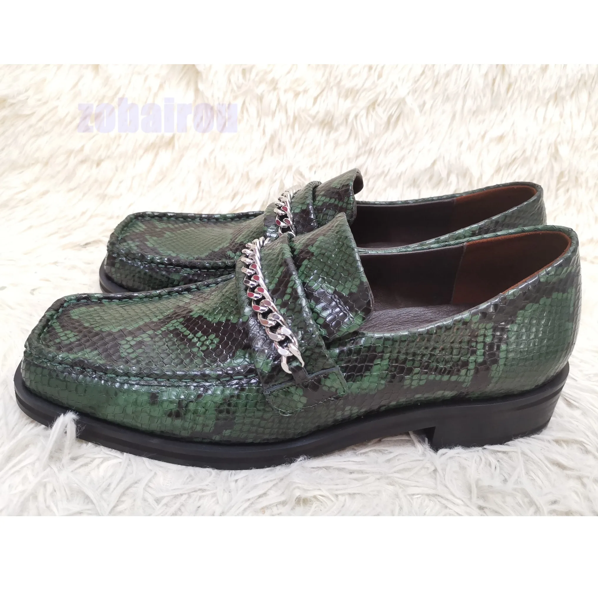 Green Fish Scale Patter Square Toes Loafer New High Quality British Genuine Leather Casual Shoes Party Business Dress Shoes