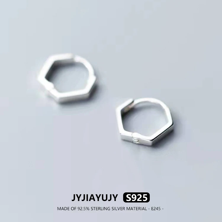 JYJIAYUJY 100% Sterling Silver S925 Polygon Hoop Earrings with Clasp Closure 10MM Fashion Hypoallergenic Jewelry Gift Daily E245