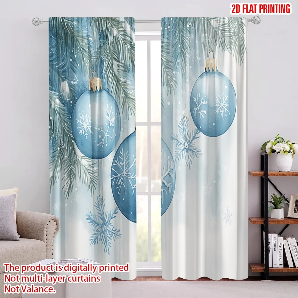 2pcs,2D plane printing Window Curtain Blue Christmas Ornaments Snowflakes_a (3) Versatile 100% Polyester (without rod) Holiday