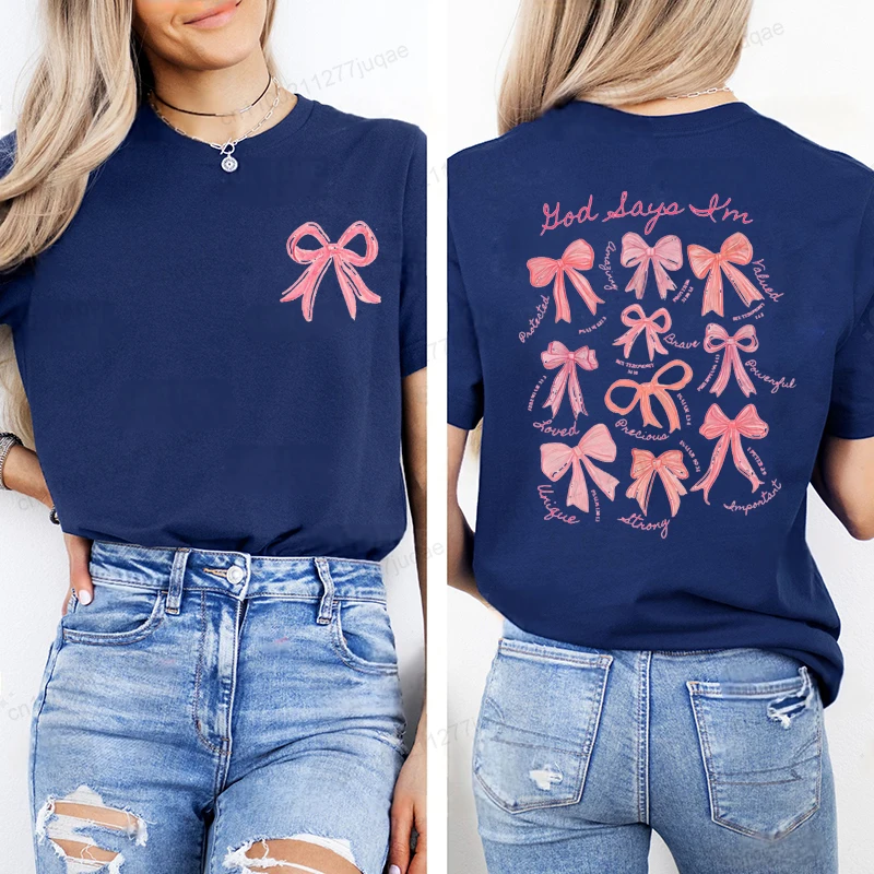 الله يقول أنا Coquette القوس الاتجاه النساء ملابس عصرية الجرافيك تي شيرت الملابس بوهو يسوع الكتاب المقدس الآية طباعة قميص عادية المحملة