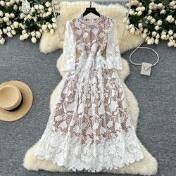 Elegant O-neck Vintage Long Sleeve Chic Hook Flower Hollow Slim Lace Dresses French Fashion Evening High Street Autumn Clothing