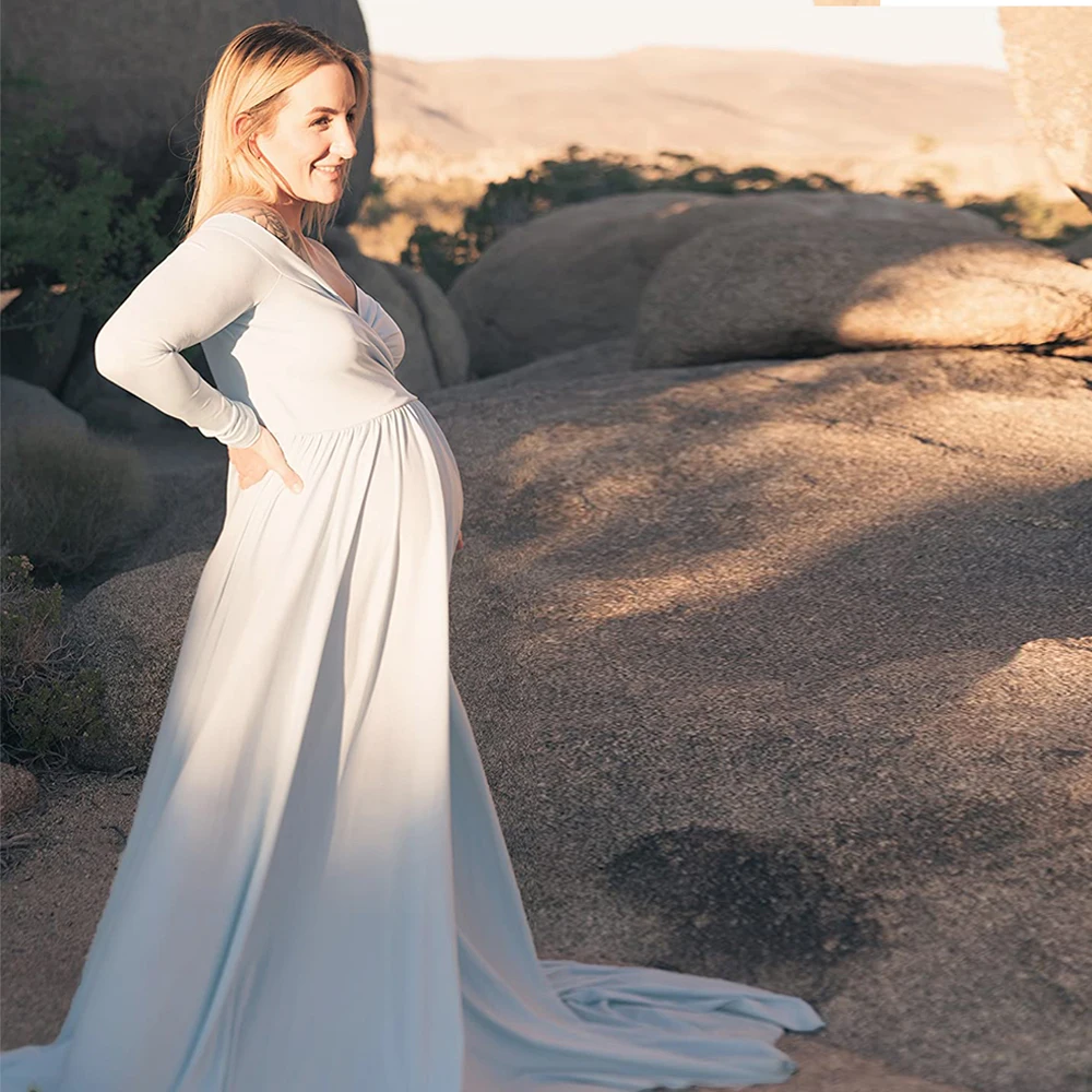 فستان ماكسي للأمهات برقبة على شكل حرف V وأكمام طويلة، فستان أنيق للتصوير الفوتوغرافي للنساء الحوامل