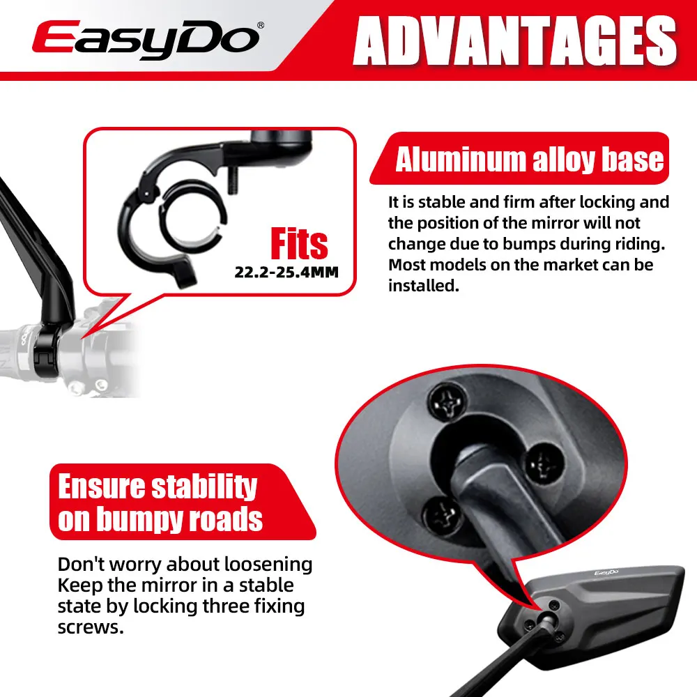 EASYDO Bicycle Rearview Mirrors Adjustable Bike Mirror Handlebar Convenient Installation For Bike Mirror With Wide Field of View