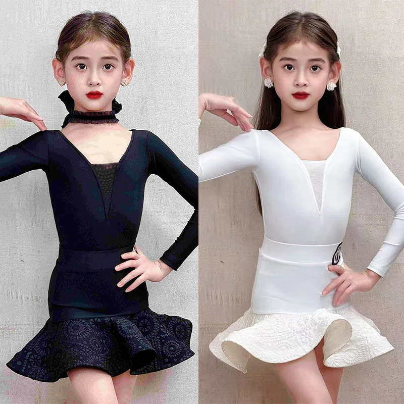 

Girls Latin Dance Practice Clothes Long Sleeves Dress Suit Kids Rumba Cha Cha Dance Clothes Performance Wear Winter DNV24845