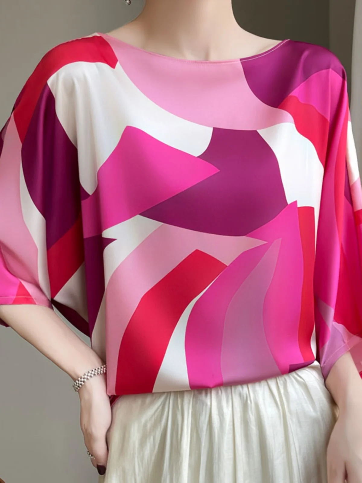 Casual Silk Top round Neck Batwing Sleeve Loose Fit Spring Summer New Style Printed Fashion Women's Clothing Ladylike Commute...
