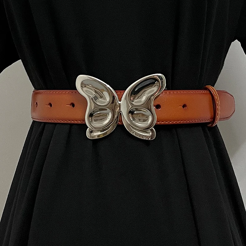 

Женские новые ремни из натуральной кожи с пряжкой в виде бабочки и серебристого цвета, женский модный стиль из воловьей кожи, универсальный ремень с металлической пряжкой в стиле ретро