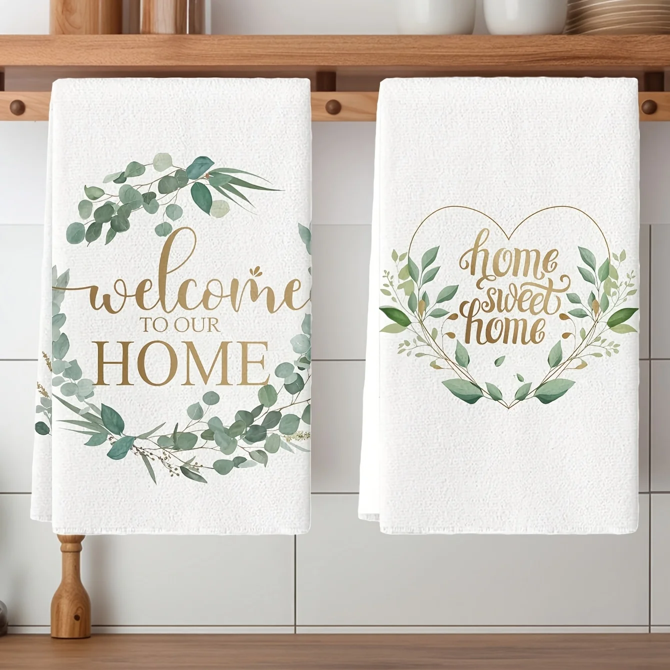 Cleaning Cloth 2PCs Kitchen Towels, Eucalyptus Leaves Heart Wreath Pattern