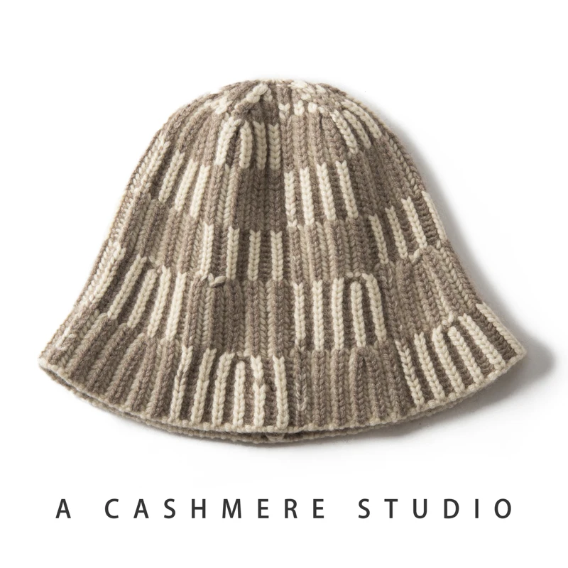 100% Cashmere Fisherman Hat Women's Striped Color Matching Fashion Bucket Hat Autumn/Winter Knitted Thickened Bucket Hat Women