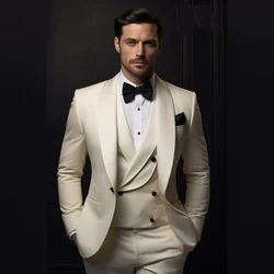 Champagne Suits for Men Blazer Wedding Full Set Single Breasted Shawl Lapel Flat Skinny 3 Piece Jacket Pants Vest Slim Clothing