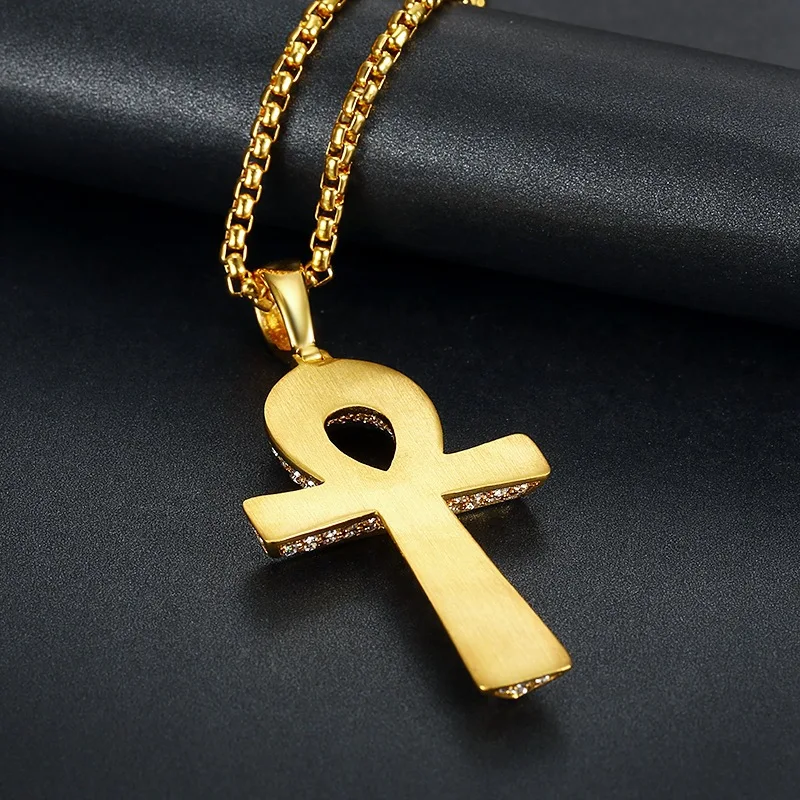 Gold silver color Micro Cubic Zirconia Anka Egyptian T Shaped Cross Pendant Fashion Iced Out Bling Key Of Life Necklace Jewelry