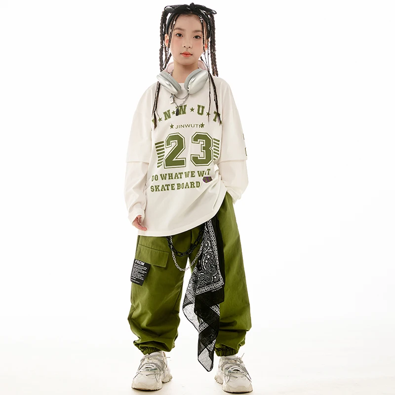 Hip Hop Dance Clothes For Girls Jazz Practice Wear White Long Sleeves Tops Green Pants Boys Teenagers Casual Clothing BL11644