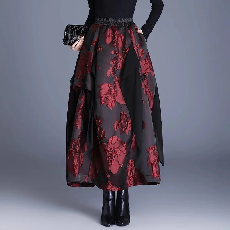 Chic Patchwork Floral Midi Skirt for Women, Fashion Embossed Jacquard & Irregular Hemline, Autumn Winter Big Size Fashion (W137)