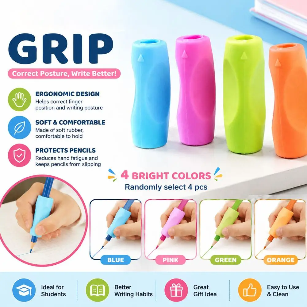 4-Pack Pencil Grips,Soft Silicone & Non-Slip Texture, Ergonomic Pen Holder for Kids & Adults Left/Right Handed Writing,Drawing