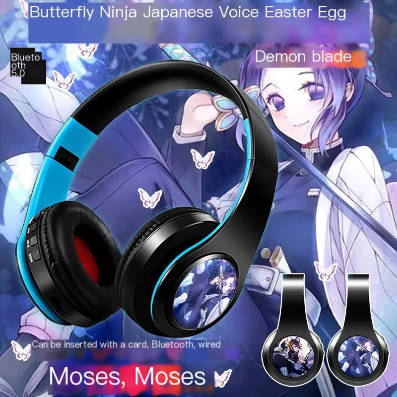 Cuffie Bluetooth wireless con personaggi anime, supporto per scheda TF e cavo audio, suggerimenti vocali giapponesi, auricolari pieghevoli