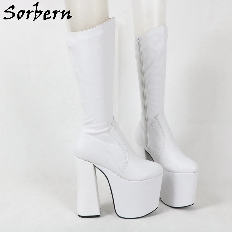 Sorbern 18Cm White Matt Knee High Boots Women Drag Queen Shoes Visible Platform Block High Heels Custom Slim Wide Leg Fit