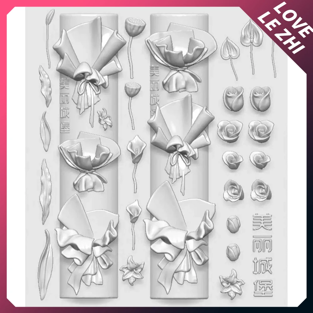 Silicone Ice Flower Lily Roses Tulip Peonies Hand Bouquet 3D Acrylic Nail Art Mold Accessories Reuse Nails Carving Mold Charms