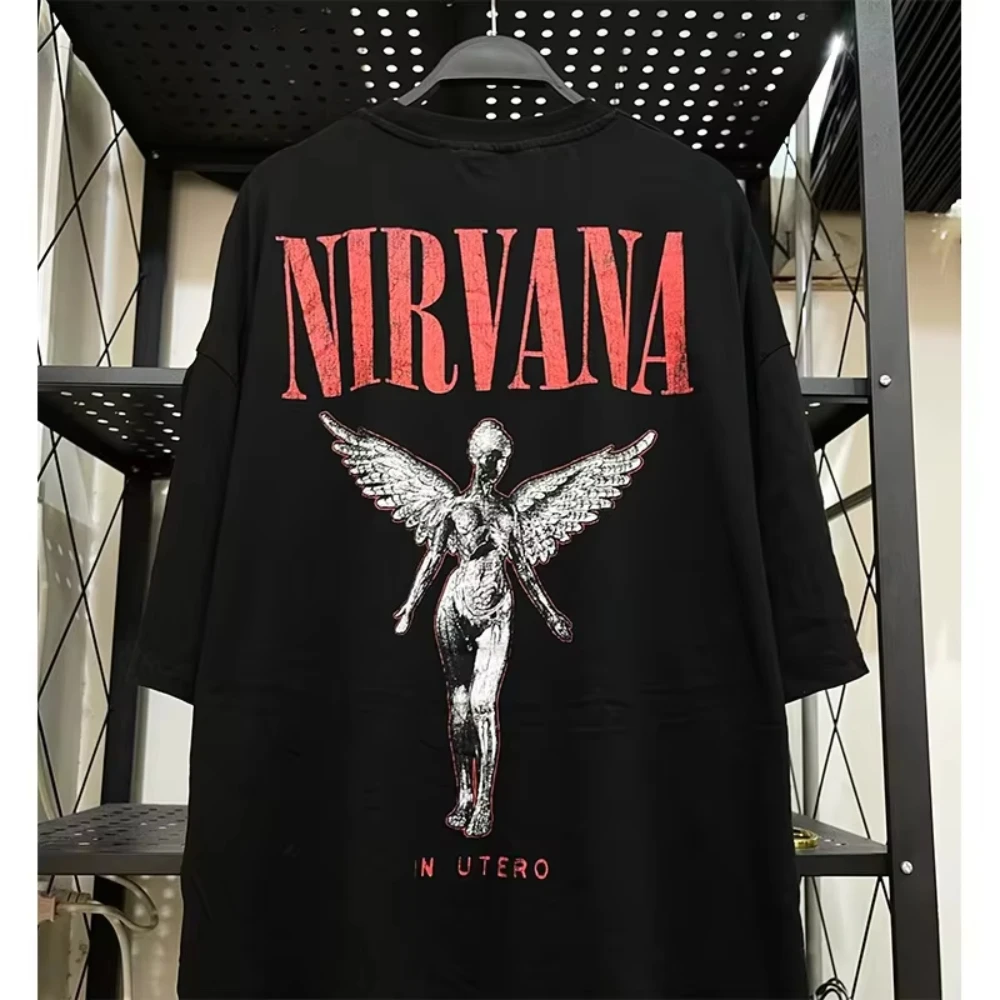 2026  Nirvana In Utero Angel Back Print T-Shirt Men Women Vintage Cotton Short Sleeve T Shirt Summer Tees Oversized Y2K Tops