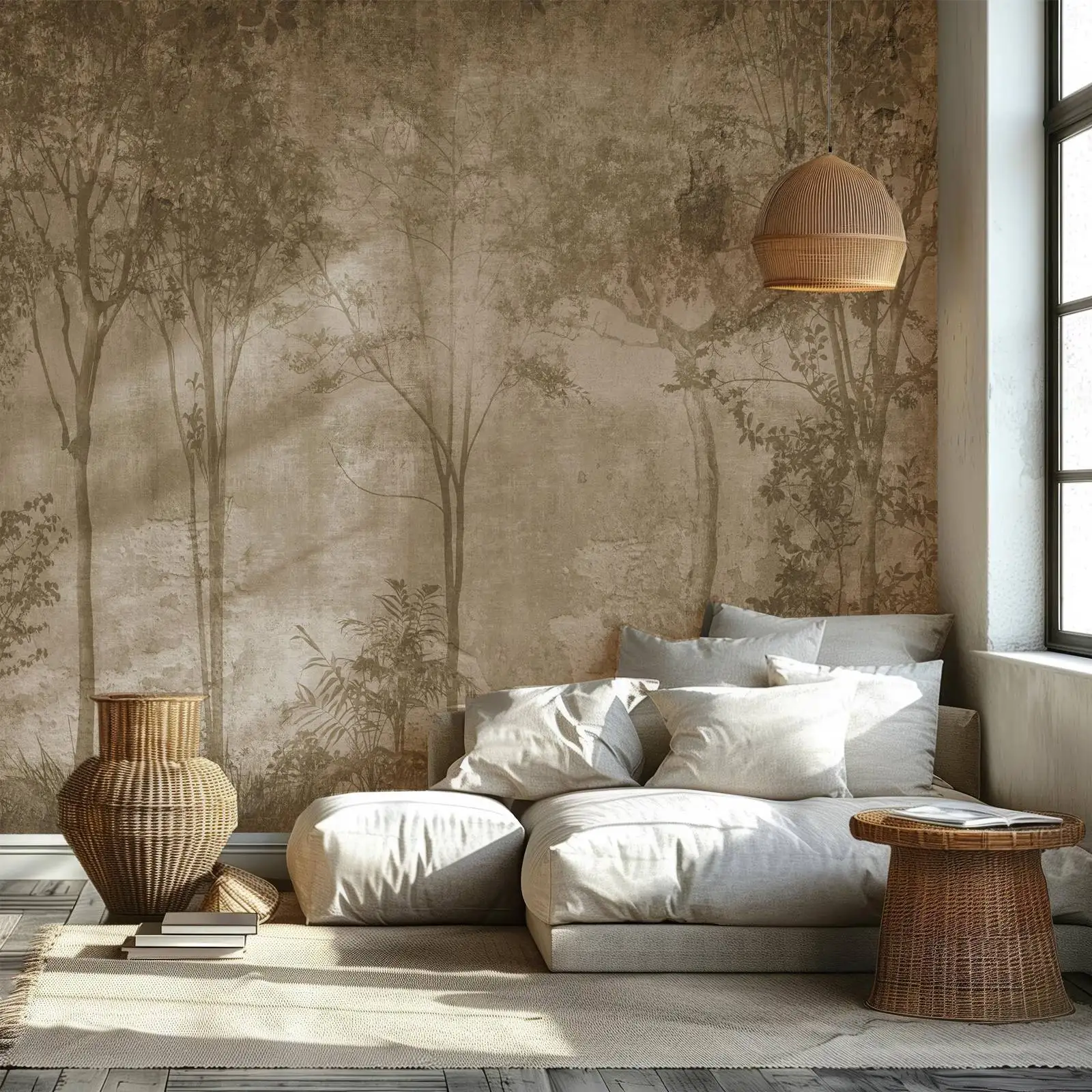 Mural de pared de paisaje Vintage, papel tapiz escénico de acuarela de paisaje de árbol para decoración de sala de estar, no tejido de tradición, personalizable