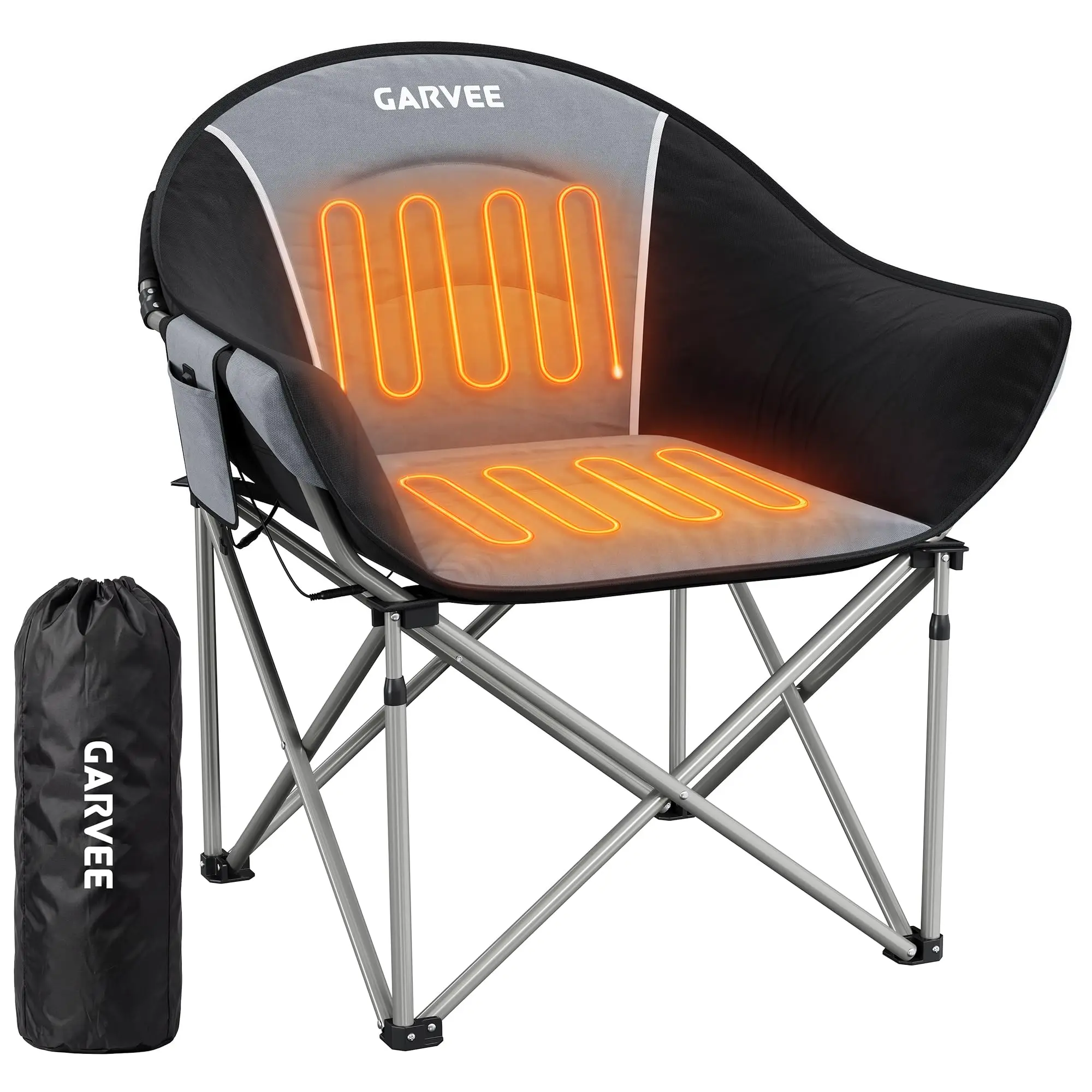 Oversized Heated Camping Chair, 450 lb Heavy Duty Folding Chair With 3 Heat Levels, Thick Padding, Cup Holder & Side Pocket, USB