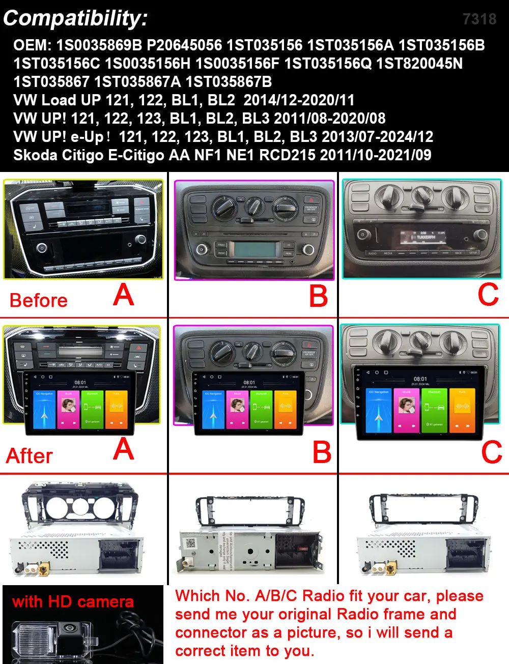 HD CAMERA +7 inch Android Car DVD Player GPS Bluetooth RDS Radio DSP for VW UP! 121, 122, 123, BL1, BL2, BL 3201 1/08-2020/08