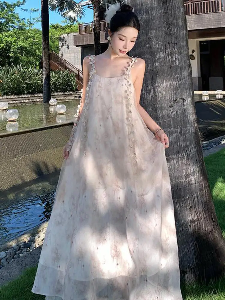 

French Vintage Women Beige Print Elegant Sexy Club Slip Dress Summer 2025 Sweet Vacation Backless Party Long Dress Popular Trend