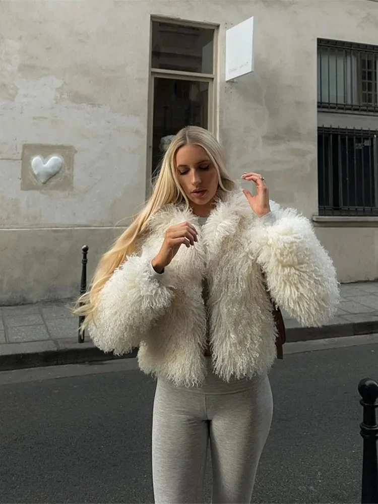 Elegant White Fluffy Faux Fur Short Jacket For Women Luxury Lapel Long Sleeve Cardigan Coats Warm Lady High Street Outwear