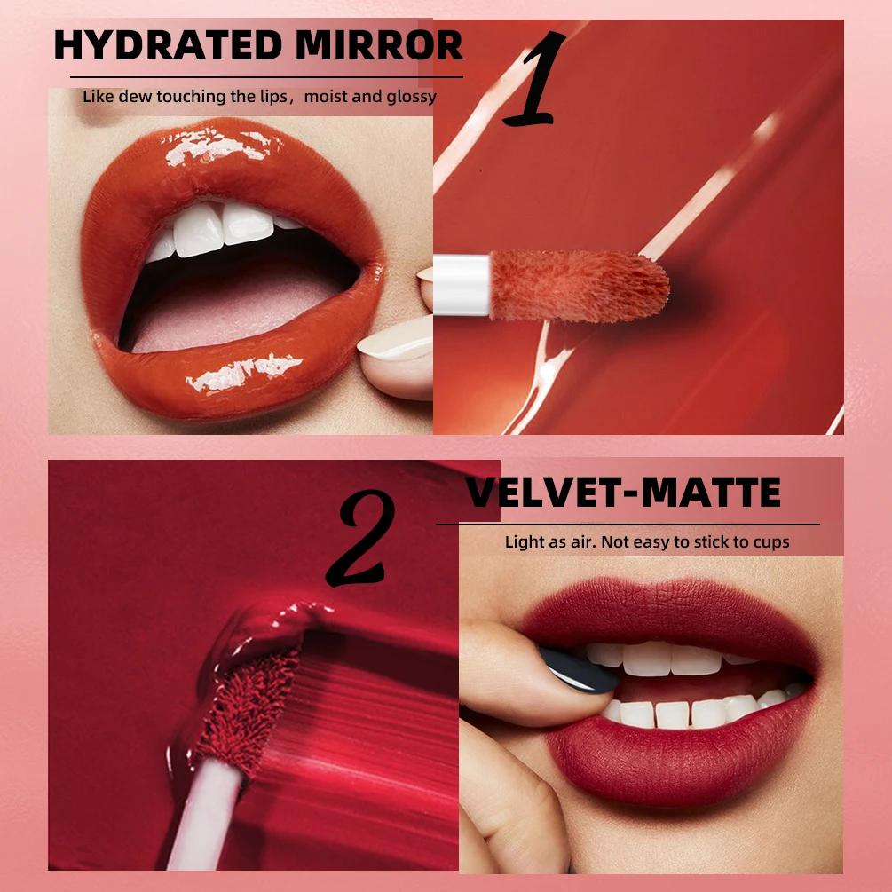 QIBEST Double-head Matte Velvet  Liquid Lipstick Long Lasting Non-Stick Cup Nude Mirror Lipgloss For Women Lips Makeup Cosmetics