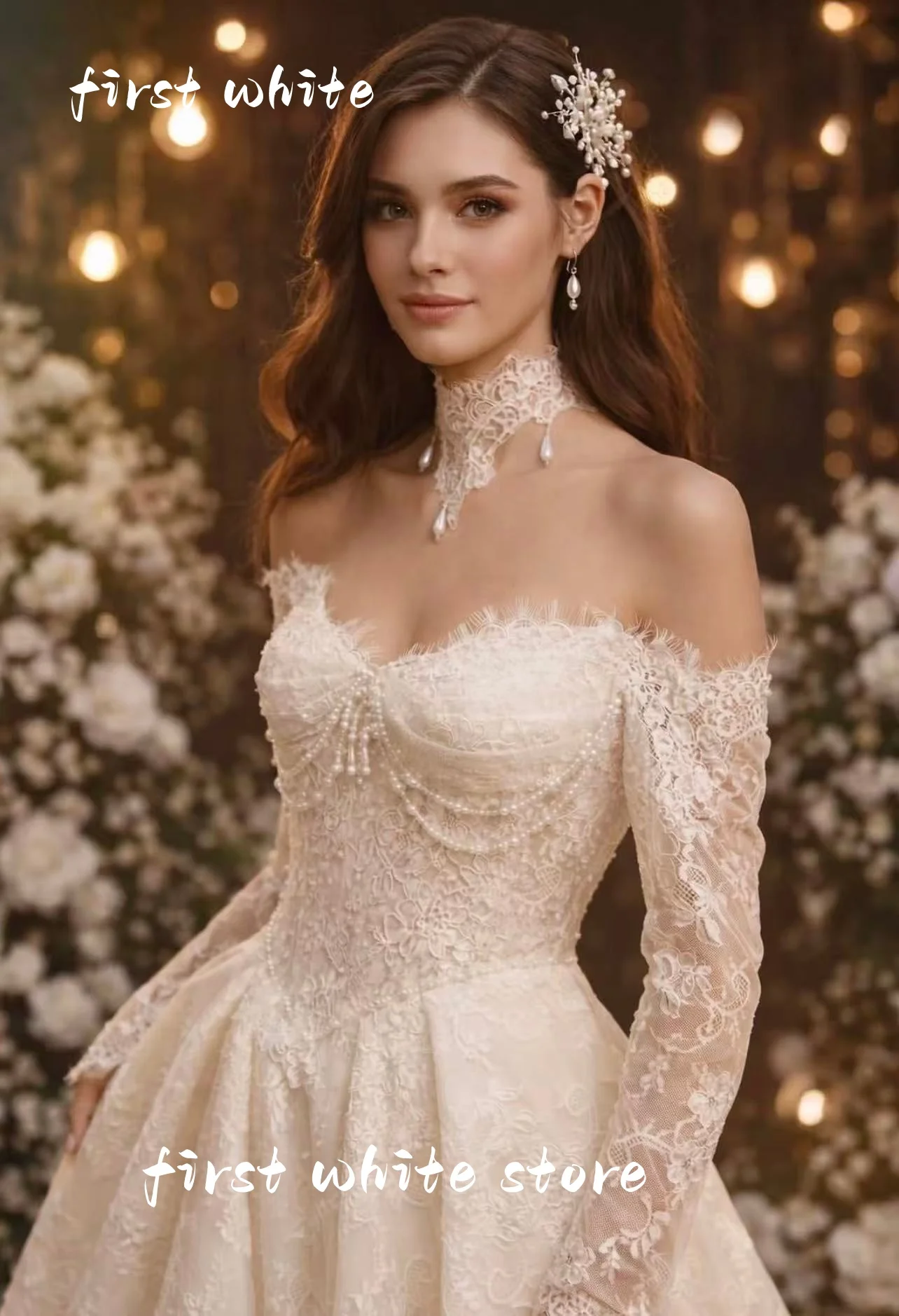 Customized Graceful Lace A Line Wedding Dress Sweetheart Bride Gown Elegant Full Sleeve Bridal Dress Vestido De Novia