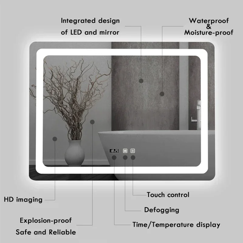 Modern 16x24 Inch LED Bathroom Mirror Anti-Fog Dimmable Touch Backlit Wall Hanging Vanity Mirror IPX5 Waterproof for Bedroom Mak