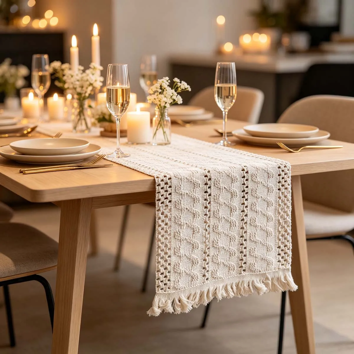 Boho Farmhouse Table Runner Cotton Linen Table Runner Tassel Edge Natural Table Runner Rustic Table Runner Home Table Decoration