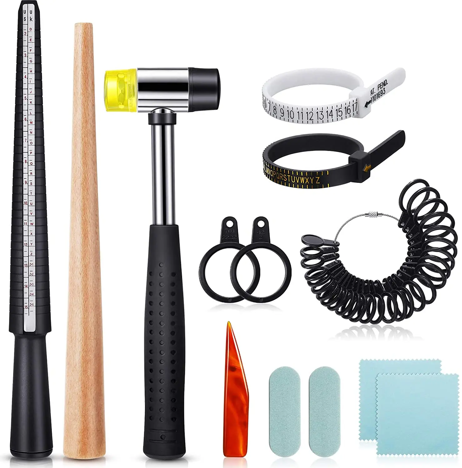 

11Pcs/set USUK mandrel size 1-13 with half gauge rubber hammer ring size finger gauge jewelry making kit