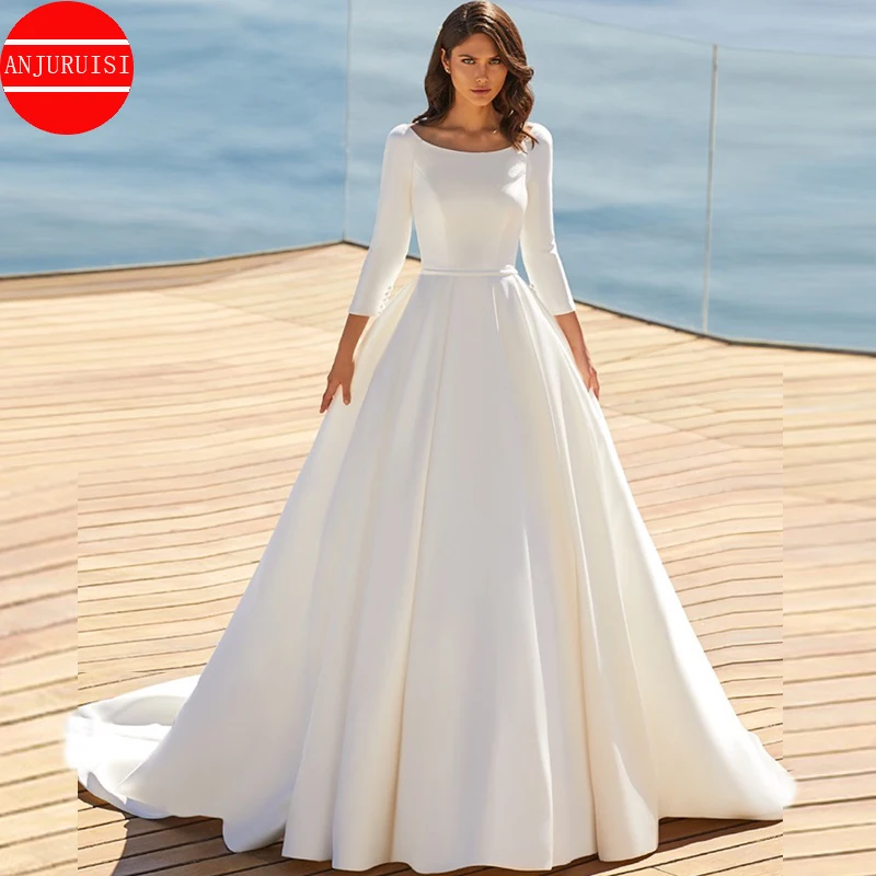 

Soft Satin Wedding Dresses For Women 2023 Bride Gown A Line 3/4 Sleeves Vestidos De Novia Simple Boda Suknia Ślubna Robe Mariage