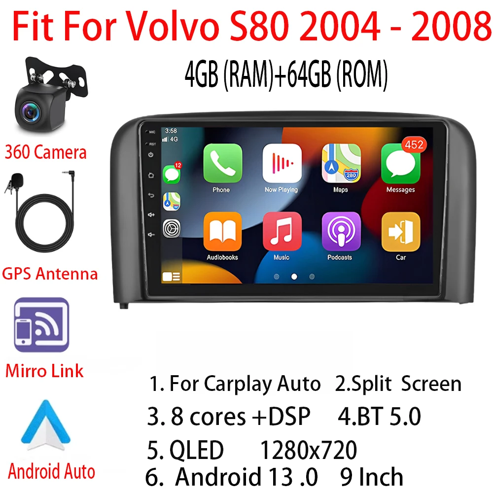 

Car Radio with Wireless For Volvo S80 2004 - 2008 For CarPlay/Auto GPS navigation multimedia player 2Din Android Stereo WIFI BT