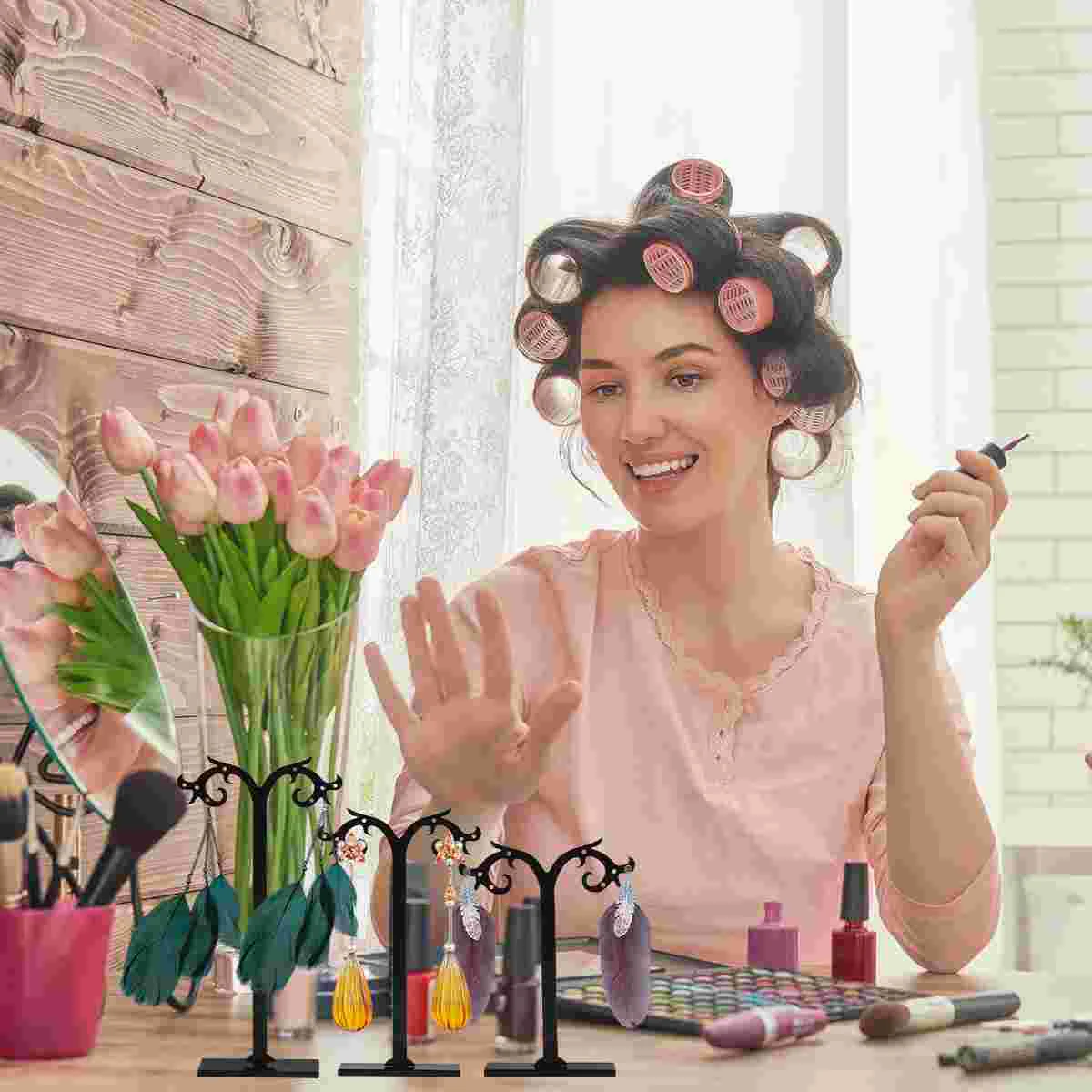 6 Pcs Leaf Design Acrylic Jewelry Display Stand Earring Holder Foldable Showcase Studs Storage Rack Home Use