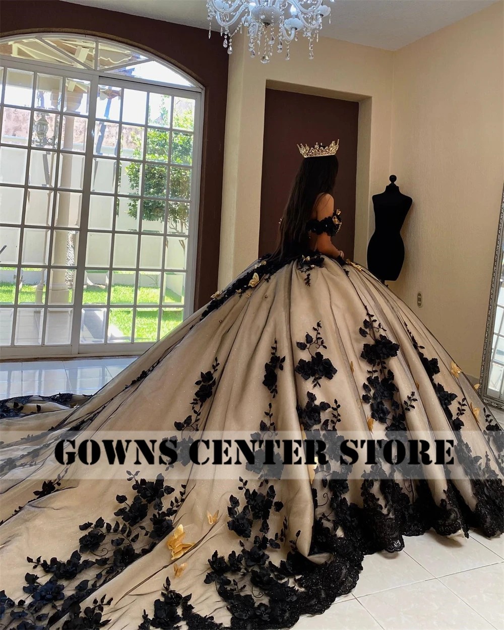 Black 3D Flowers Gold Crystal  Quinceanera Dress 2024 Ball Gown Sweet 16 Dresses Corset vestidos de 15 quinceañera Customized