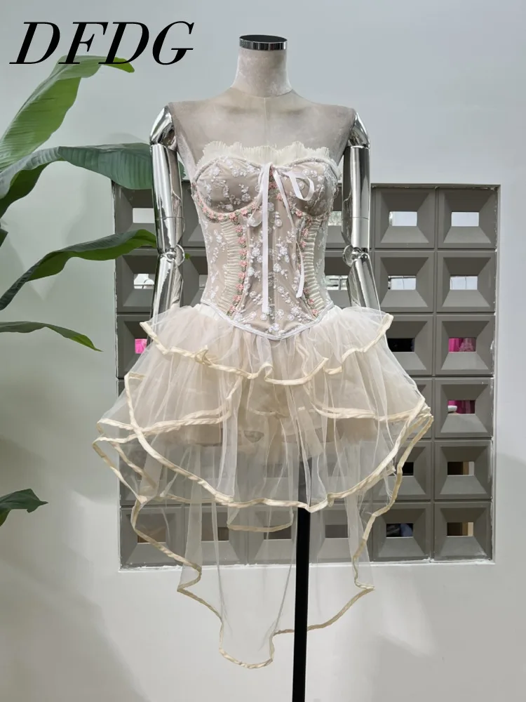 

DFDG женский дизайнерский корсет в деревенском стиле с вышивкой «рыбья кость» топ без косточек с асимметричным шлейфом юбка-миди комплект Coord на весну и лето