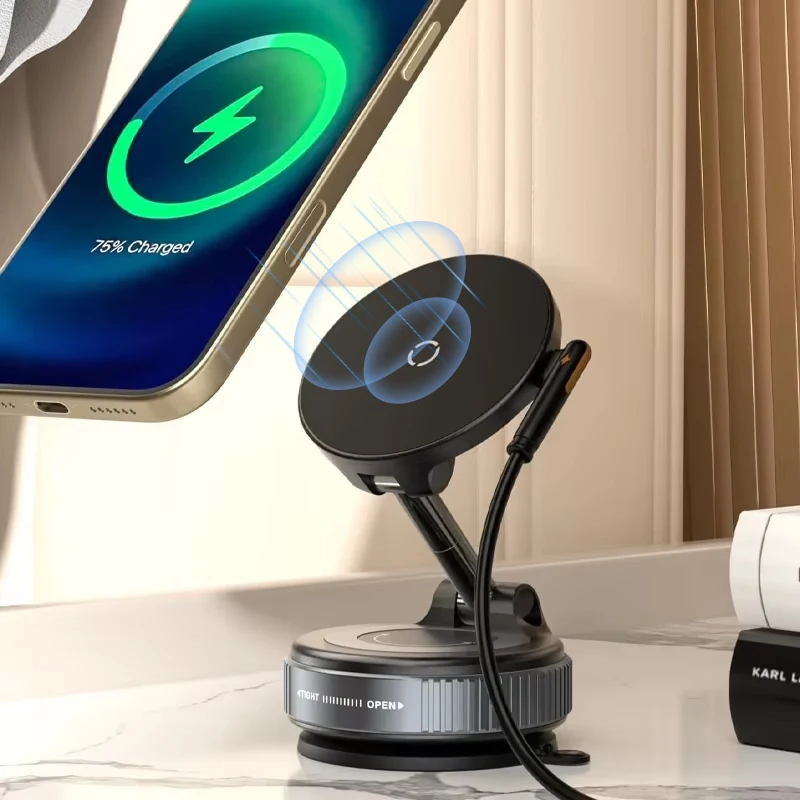

Автомобиль 360 ° Регулируемая беспроводная зарядная подставка с вакуумным магнитным креплением для телефона, совместимая с MagSafe, для автомобиля, для iPhone, Samsung, Xiaomi