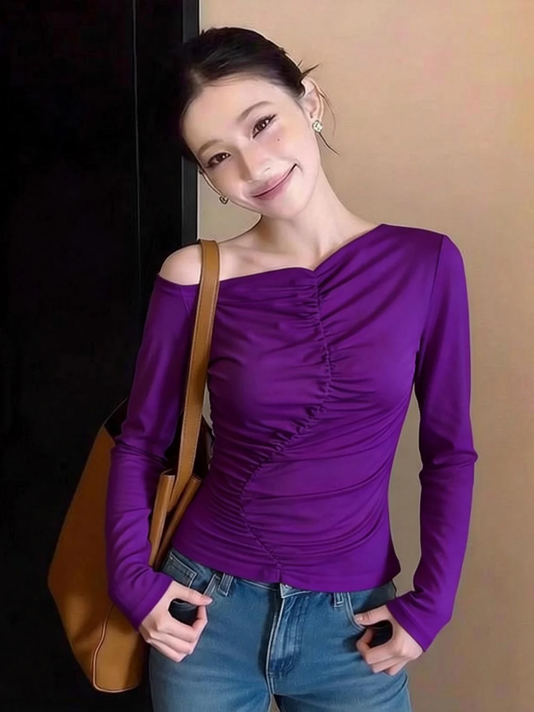 

Spring 2026 Asymmetric Purple Long Sve Women's T-irt Pleated Design Base irt Top French Sle Slim Fit Regular Length