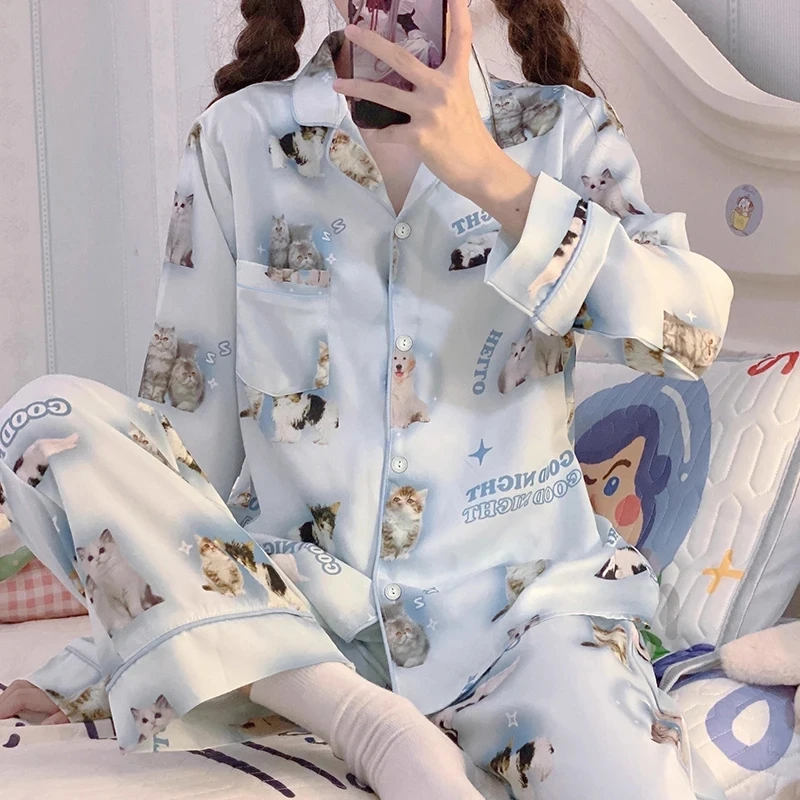 Cute Cat Print Pjs Satin Silk Sleepwear Long Sleeves Fashion Pyjamas Spring Summer New Pajamas for Women Lapel Home Wear